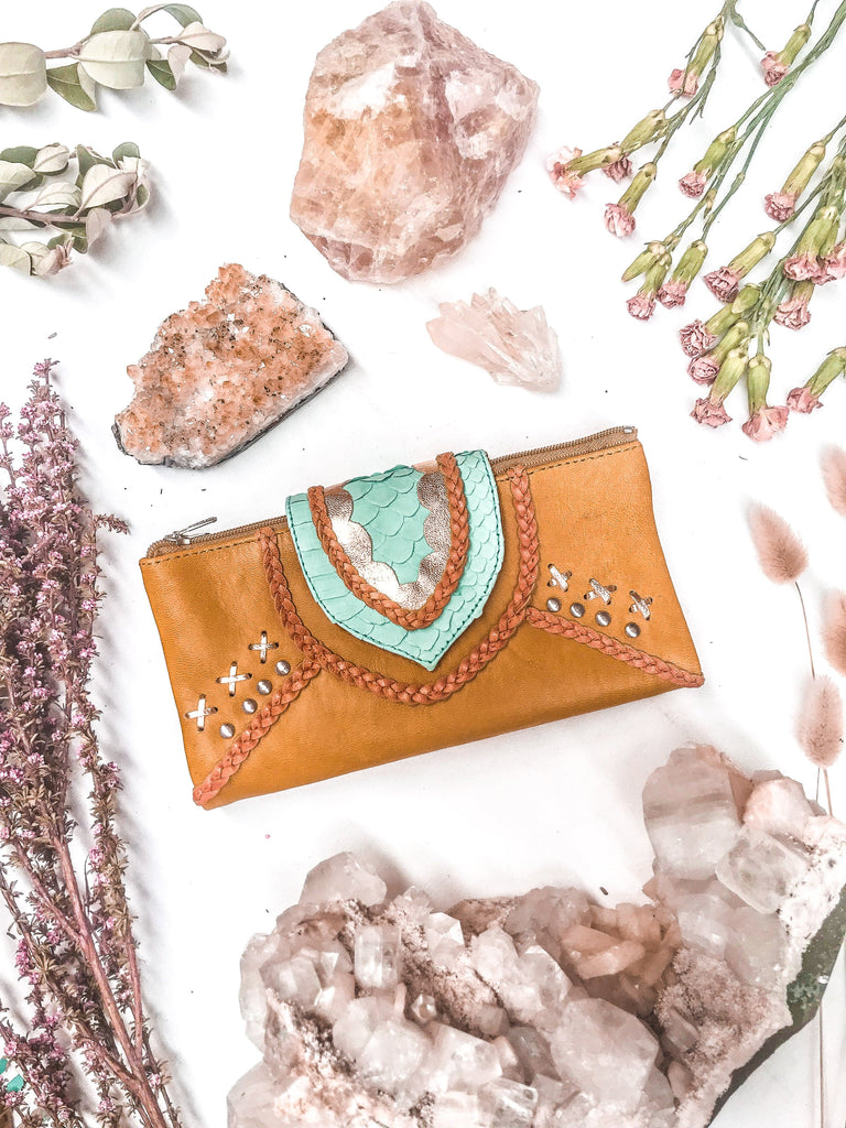 Mahiya Wallets & Clutches Tan/Turquoise Azire Spring Leather Wallet