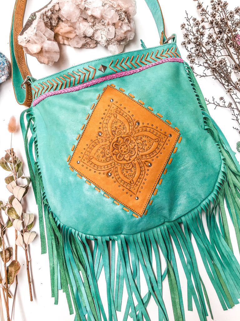 Mahiya Leather Bags Turquoise Capsize Leather Bag (Fringed)