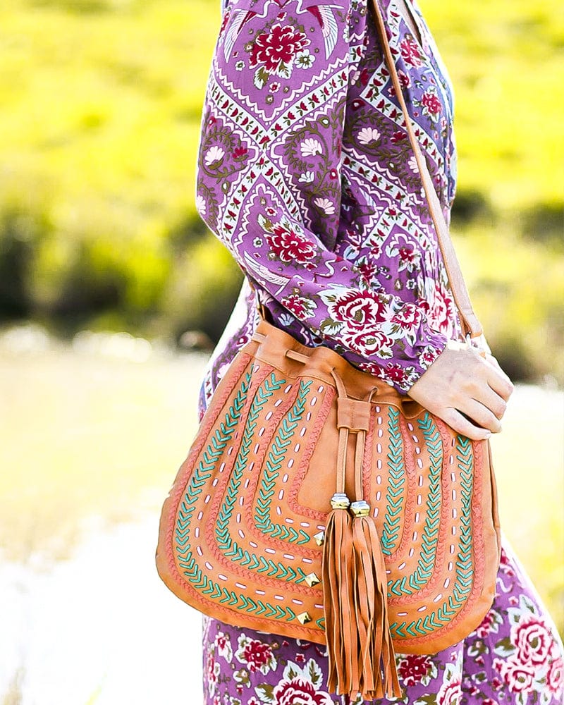 Mahiya Leather Bags Tan/Turquoise Dream Weaver Bag - (Fringe Free) Autumn Tan