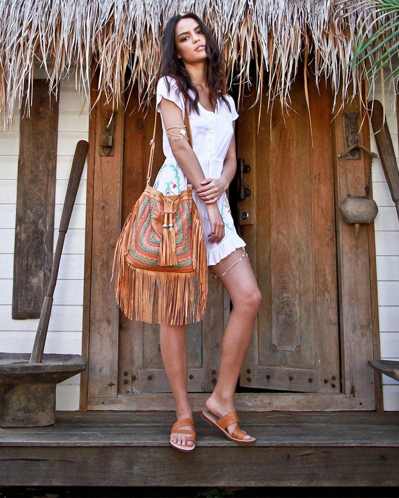 Mahiya Leather Bags Tan Dream Weaver Bag & Ellki Wallet Set - (Fringed) Tan