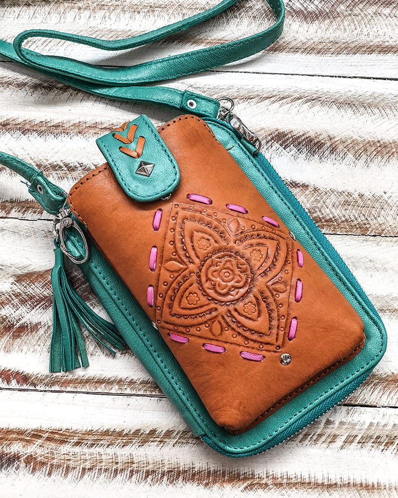 Mahiya Leather Bags Turquoise and Tan Falls Phone Pouch Bag