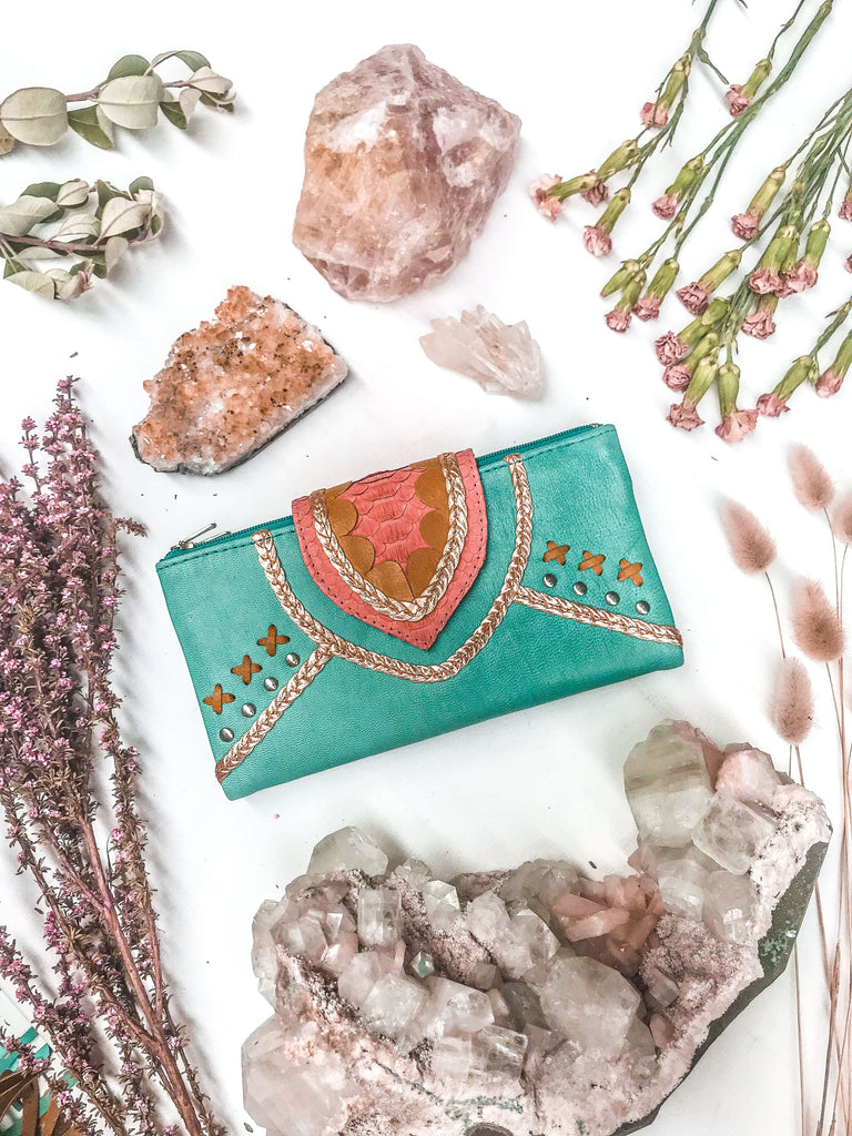Mahiya Wallets & Clutches Turquoise/ Peach Azire Spring Leather Wallet