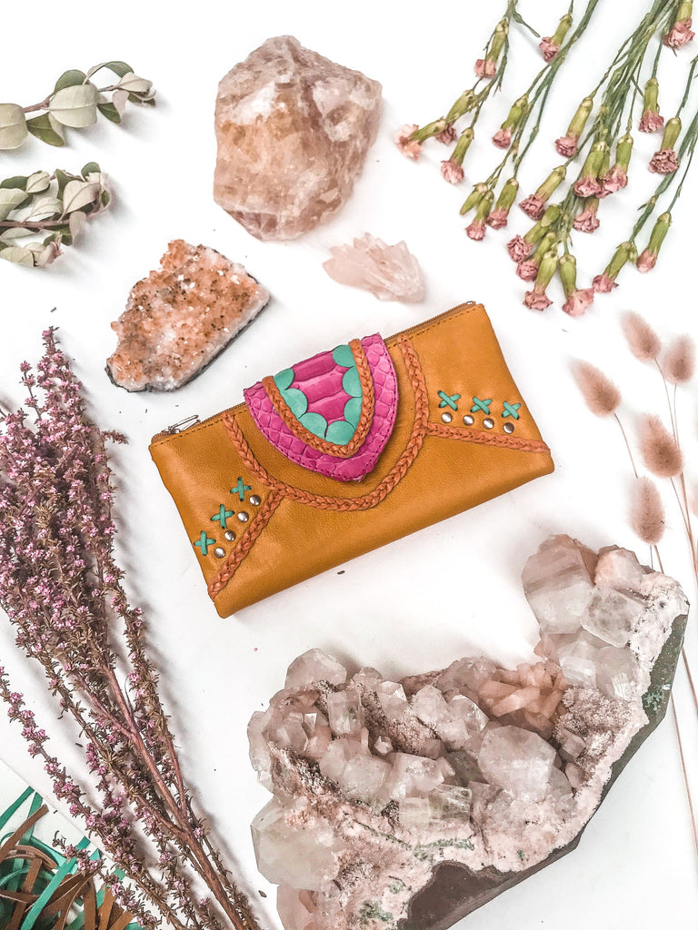 Mahiya Wallets & Clutches Tan/Pink Azire Spring Leather Wallet