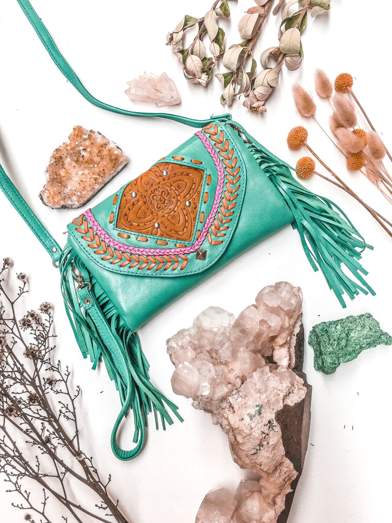 Mahiya Leather Bags Turquoise Coachella Festival Cross Body Bag / Clutch