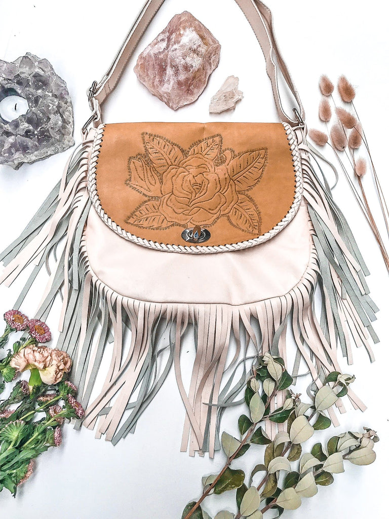 Mahiya Leather Bags Cream Vintage Rose Bag & Free Spirit Wallet Set  - Cream