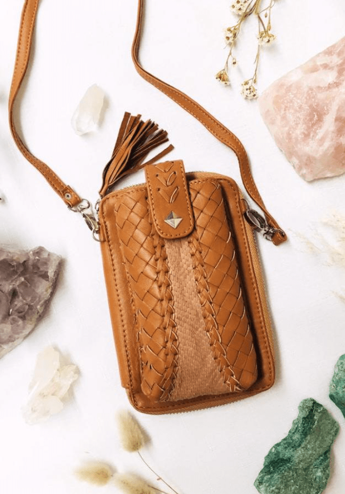 Mahiya Leather Bags Tan Weave Shimla Phone Pouch - Tan