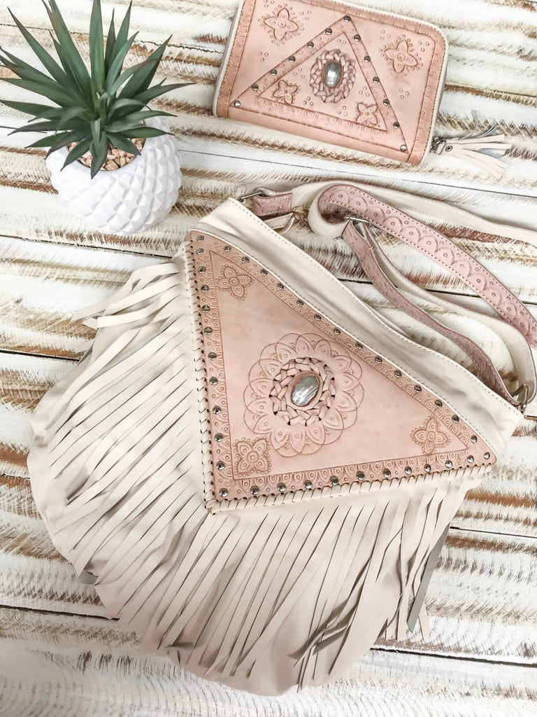 Mahiya Leather Bags Harlow Fringed Bag & Harper Wallet Set - Cream